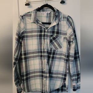 Old Navy Plaid Button-Up Shirt in White, Black & Mint Green
